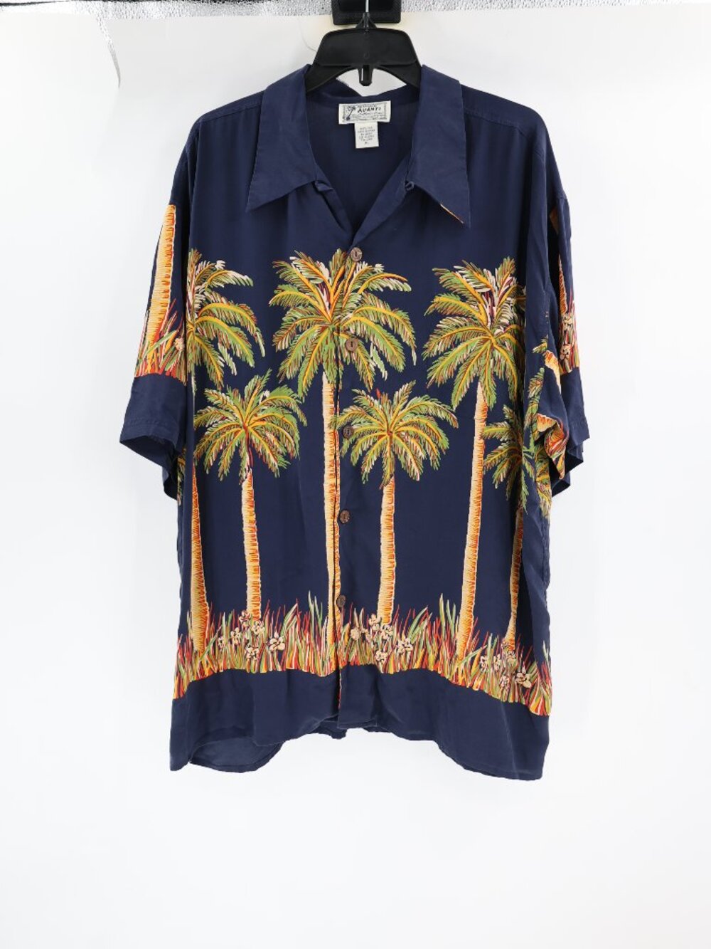 Vintage Avanti Hawaiian Shirt Mens XL Short Sleeve Palm Trees Silk Aloha Blue